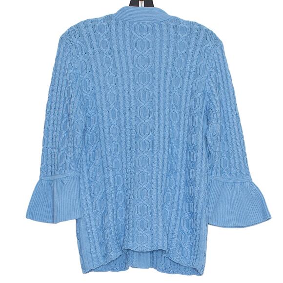 J Jill Cardigan Sweater 3/4 Bell Sleeve Cable Knit Cottage Y2K Preppy Blue Small - Picture 2 of 9